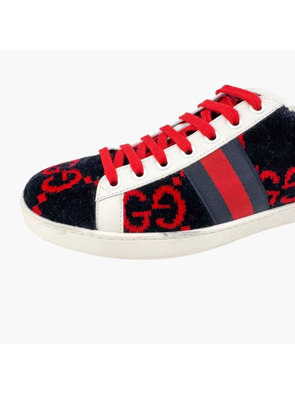 Gucci Ace Sneakers EU 38 US 8 Navy Blue & Red GG Monogram Corduroy Low Top Shoe